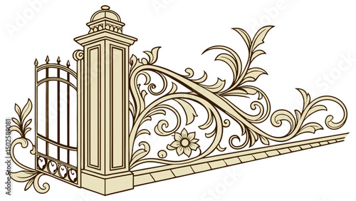 Elegant Ornate Gate with Floral Embellishments in Cream and Beige Tones