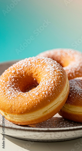  Three donuts, fried, sprinkled with powdered sugar, on a plate on a light blue background, sweet snack