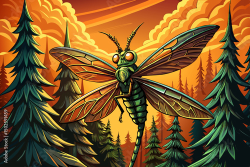 Extreme macro shots, dragonfly wings detail vector. isolated on forest background