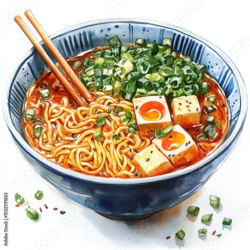 A bowl of noodles with tofu and green onions with chopsticks aside