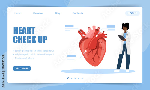 Heart check up. Landing page template. African Female doctor examines internal organ. Vector illustration in flat cartoon style.