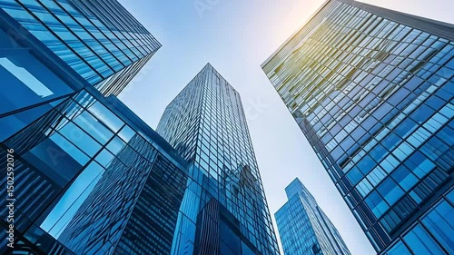 Wallpaper Mural Low angle view of modern glass skyscrapers against a bright blue sky, reflecting sunlight and surrounding buildings Torontodigital.ca