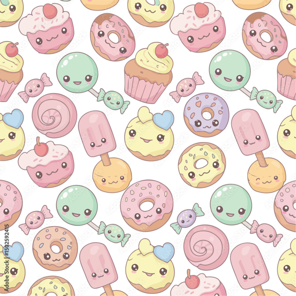 A seamless pattern on a white background with colorful kawaii cupcakes, donuts, lollipops, ice pops, and candies. A seamless pattern on a white background with colorful kawaii cupcakes, donuts, lollipops, ice pops, and candies.