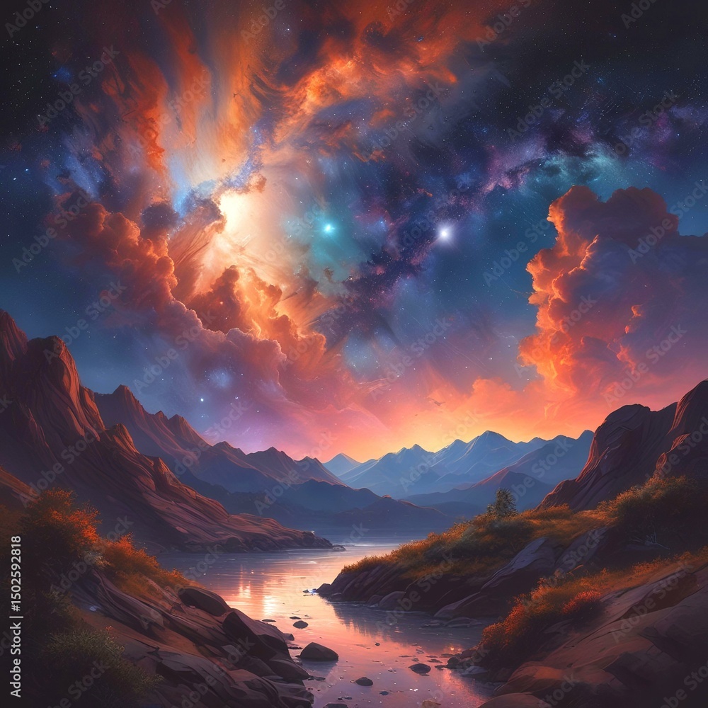 Illustration of wild landscape with milky way nebula and stars on the bright night sky. Illustration of wild landscape with milky way nebula and stars on the bright night sky.