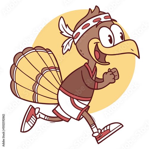 A cheerful cartoon turkey jogs with a big smile, wearing a headband and athletic gear—perfect for fun Thanksgiving and fitness-themed designs.