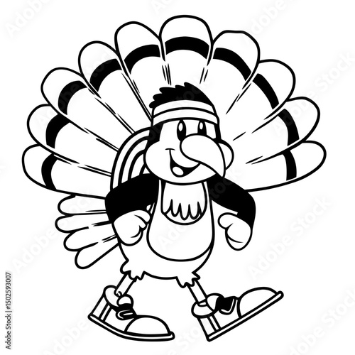 A cheerful cartoon turkey jogs with a big smile, wearing a headband and athletic gear—perfect for fun Thanksgiving and fitness-themed designs.