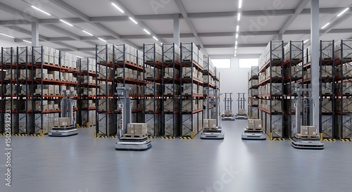 Automated Guided Vehicles (AGVs) Transporting Boxes in a Modern High-Bay Warehouse, Streamlined Logistics, Future of Supply Chain Management, Industrial Automation, Precise Navigation