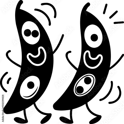 Happy cartoon peas dancing together, showcasing joy and playfulness