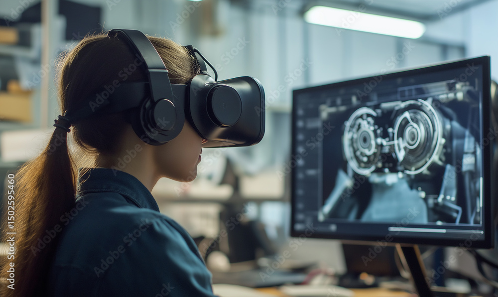 A woman wearing a VR headset focuses on working in a laboratory, with mechanical parts displayed on the screen, creating an atmosphere of technology and innovation. A woman wearing a VR headset focuses on working in a laboratory, with mechanical parts displayed on the screen, creating an atmosphere of technology and innovation.