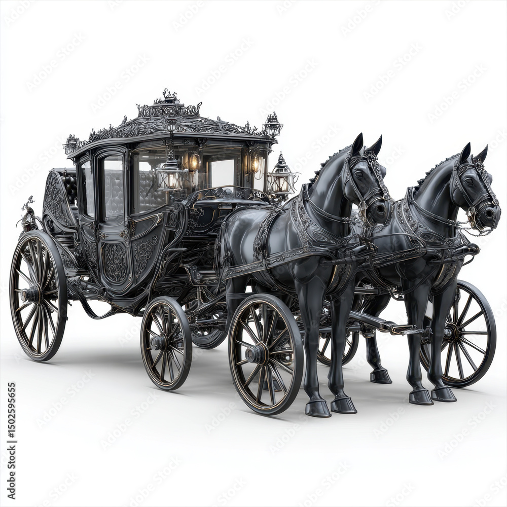 Naklejka premium Elegant Black Horse Drawn Carriage Two Black Horses Pulling a Luxurious Victorian Style Coach