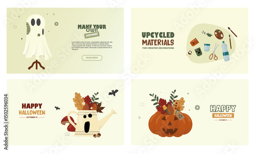 DIY Halloween Upcycled Materials Costume Cards Set. Halloween cards promoting DIY costumes and upcycled craft materials. Eco-friendly halloween concept. Banner set. Flat style. Vector illustration