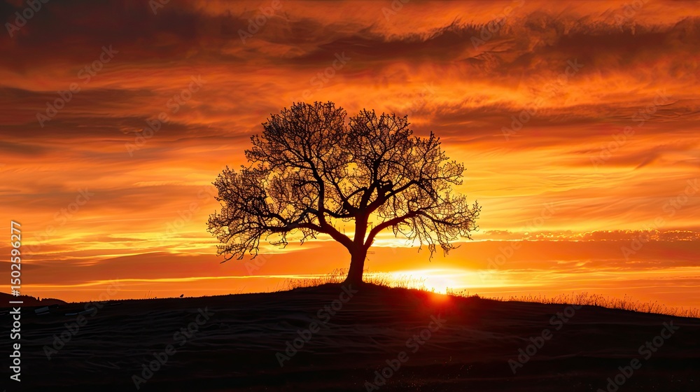 Silhouetted tree at fiery sunset Silhouetted tree at fiery sunset