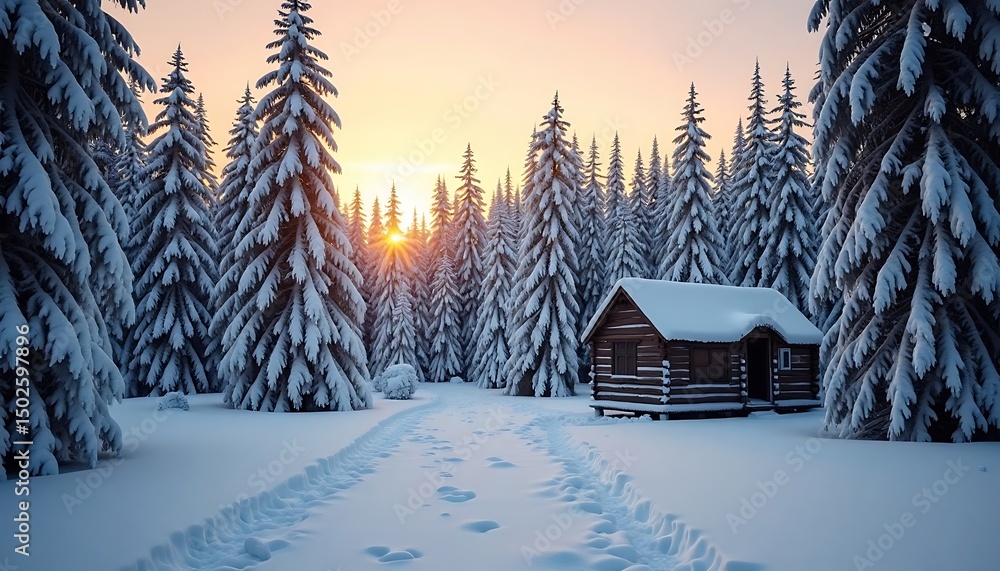 Naklejka premium a house in the middle of a snowy pine forest with a view of the sunrise