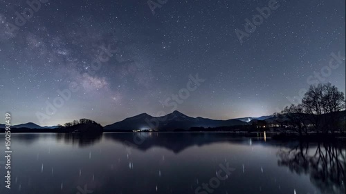 檜原湖の湖面に映る磐梯山と天の川Timelapse