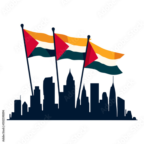 Bold cityscape with equality flags, empowerment and celebration