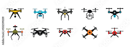 Drone vector icon set colorful quadcopter designs for aerial photography and delivery