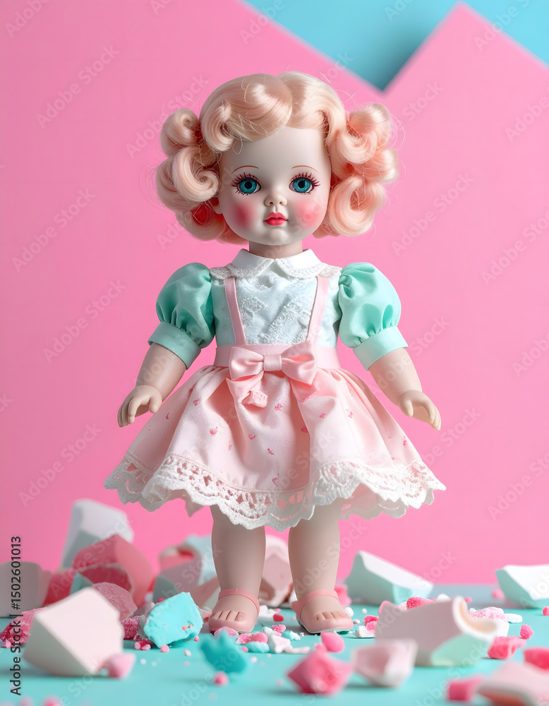 Fototapeta premium A porcelain doll breaking apart in a candy-colored dream world, visual tension