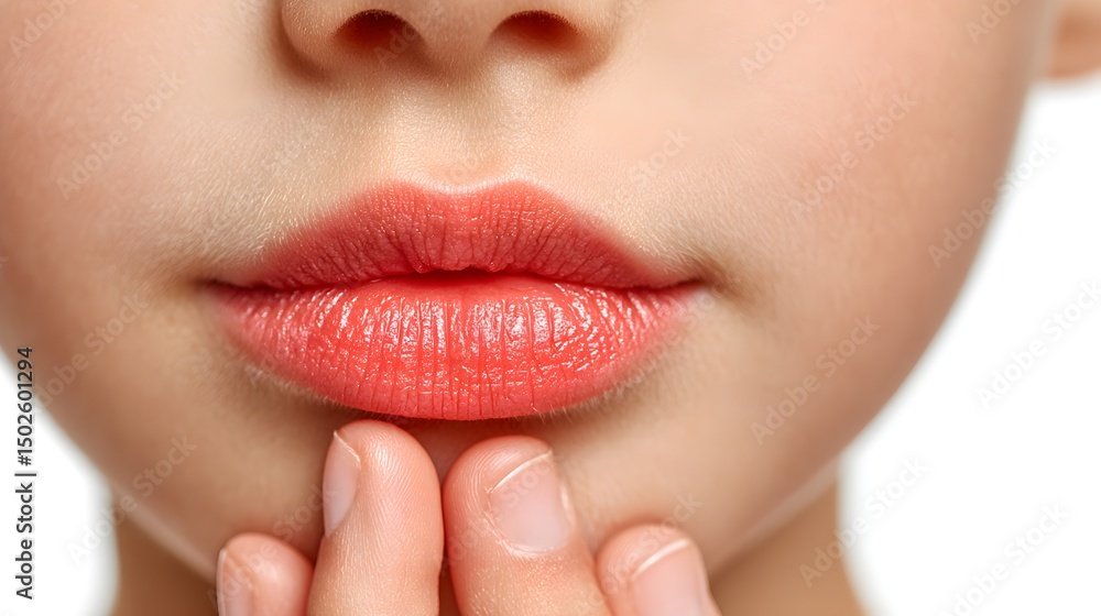 Naklejka premium Close-up shot of a young woman's lips with slightly dry skin and fingers gently touching her chin against a white background.