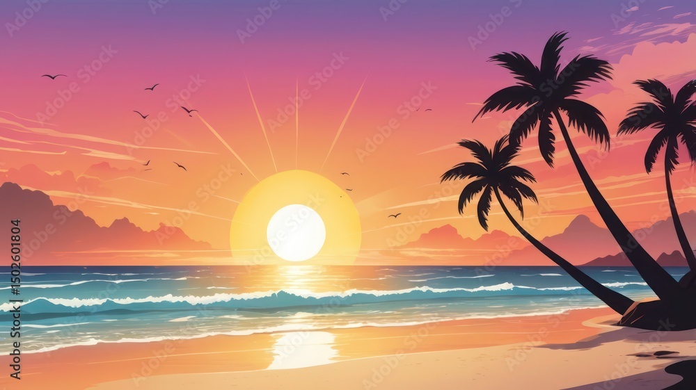 tropical sunset with palm trees illustration background tropical sunset with palm trees illustration background