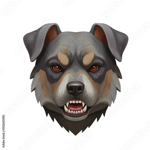 A digital portrait of an angry Rottweiler dog with red eyes and a menacing expression, set against a clean white background.