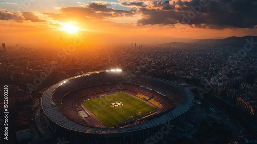 Breathtaking Aerial View of Football Stadium Against a Golden Sunset Skyline