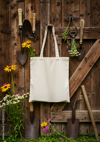 Canvas tote bag on rustic wooden wall