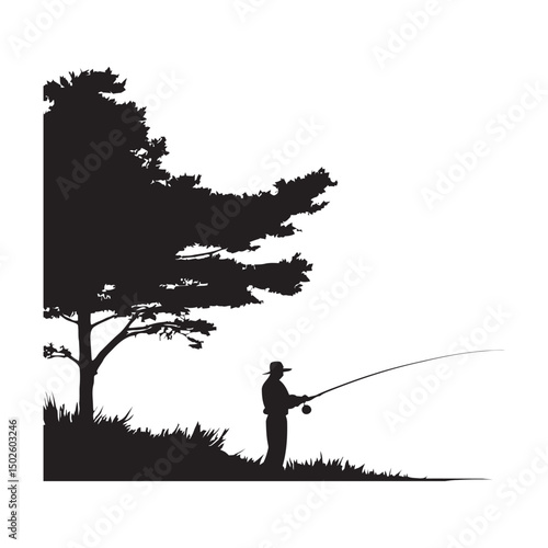 Fisherman casting a line into a lake black silhouette
