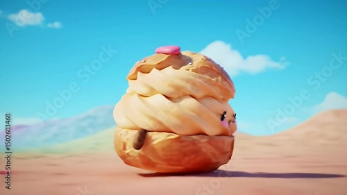 Cream Puff Cartoon Character with Smiling Face Walking in Bright Desert Scene