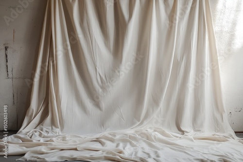 Cream colored fabric draped against a weathered wall