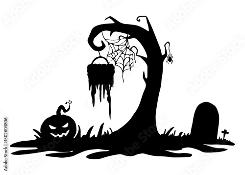 Silhouette curved tree with spider web, hanging sign with spider, ominous pumpkin, tombstone and cross on grassy ground. Halloween composition. Hand drawn graphic illustration. Simple black doodle