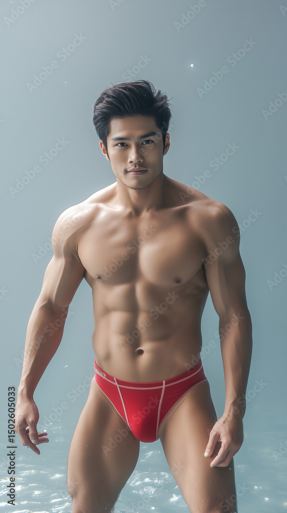 Fototapeta premium Attractive Male Model Wearing Elegant White Swim Briefs by the Water 