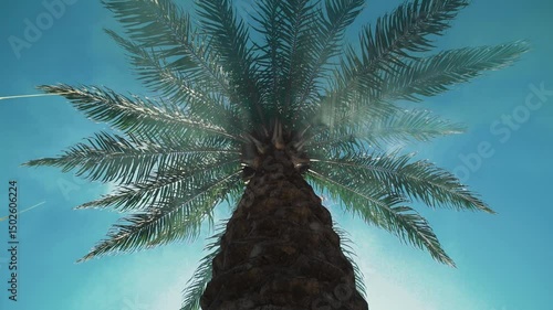 Cinematic upward tracking shot of tropical palm tree in Casamance, Senegal with moody smoke and misty atmosphere, showing trunk and leaves in lush humid West African jungle
