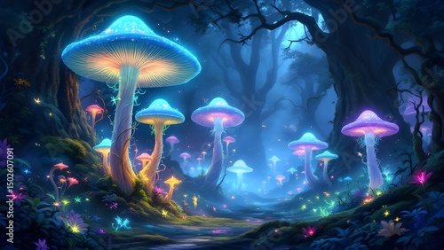 fantastical forest scene dominated by large, glowing mushrooms background suggests a dense forest with tall trees, bathed in mystical light
