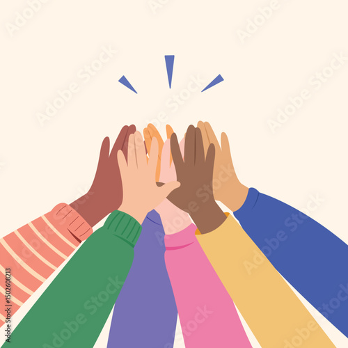 Group of hands giving high five, concept for success, teamwork and friendship.