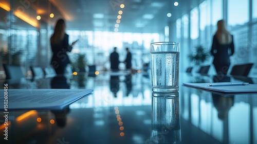 Wallpaper Mural A glass of water on a conference table with blurred figures in the background in a modern office space Torontodigital.ca