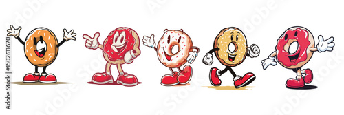 vintage retro style doughnut cartoon mascot character with expressive faces and gestures