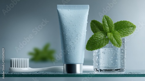 High Quality 3D Rendering of Premium White Toothpaste with Mint Leaf and Toothbrush on Glass
