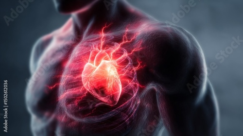 Male Torso in Three Quarter Front View with Visible Heart and Dynamic Energy Effects