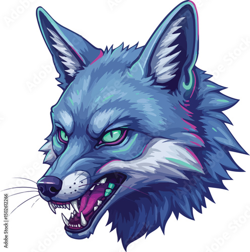 A fierce cartoonish blue wolf head with sharp teeth, green eyes, and pink accents, capturing an intense and aggressive expression.