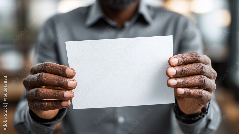 Person presenting a blank white card or paper, offering space for customization. Opportunity for ideas, creativity, messaging. Person presenting a blank white card or paper, offering space for customization. Opportunity for ideas, creativity, messaging.