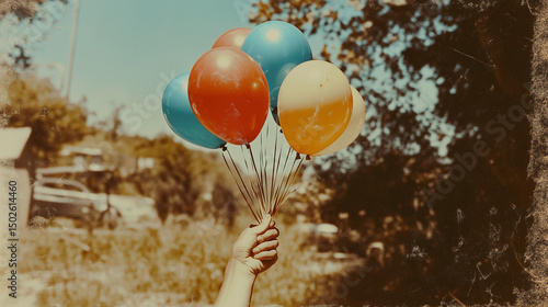 Multicolored balloons float above a hand, styled in a classic retro Instagram effect.

