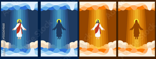 Ascension day of Jesus Christ Greeting Card Poster Set in blue and orange monochromatic color. Jesus rising to heaven in heavenly light above surrounded by clouds. Vector Illustrations.