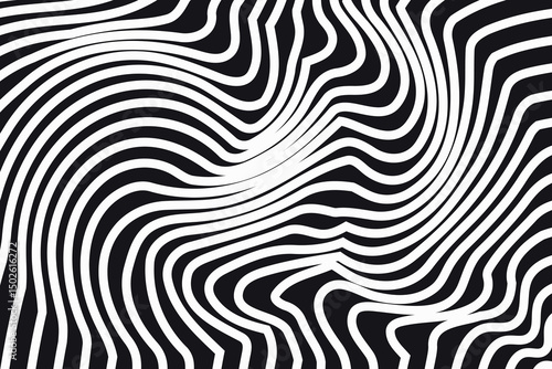 Abstract twisted black and white background. Optical illusion of distorted surface. Twisted wavy stripes. Vector eps10