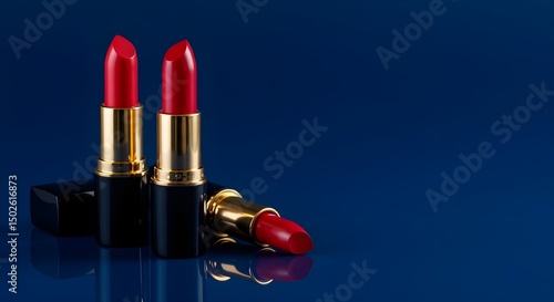 red lipsticks product photography with navy blue background