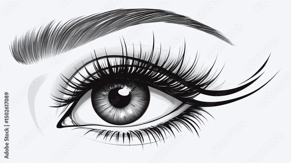 Fototapeta premium Hand-drawn woman's luxurious eye with perfectly shaped eyebrows and full lashes. Idea for business visit card, typography vector. Perfect salon look.