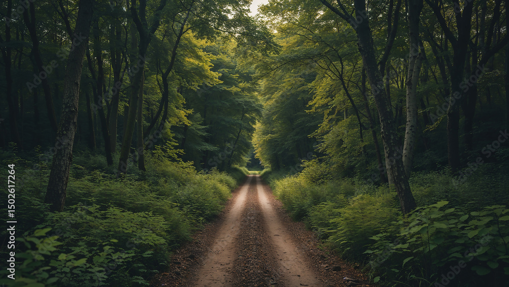 Fototapeta premium Gravel road leading into lush green forest canopy