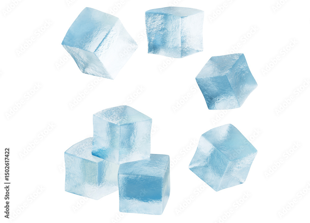 Blue ice cubes in different angles, isolated on white. 3d illustration for drinks packaging, summer menu design, cocktail bar decor, print projects, commercial use, large format. Blue ice cubes in different angles, isolated on white. 3d illustration for drinks packaging, summer menu design, cocktail bar decor, print projects, commercial use, large format.
