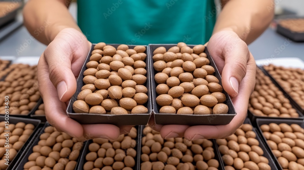 Obraz premium Hands Carefully Holding Trays of Brown Organic Seeds or Nuts for Planting or Processing