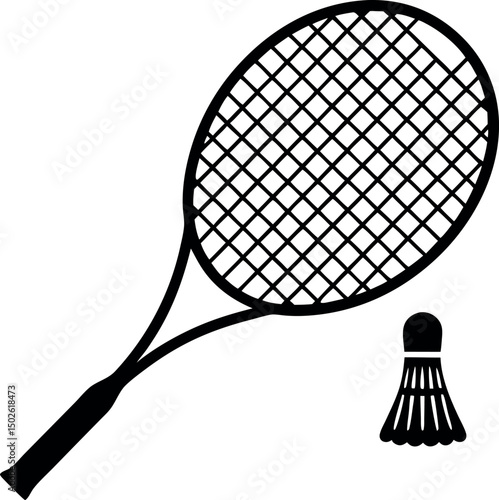 Black and white badminton racket with shuttlecock ready for the game vector 