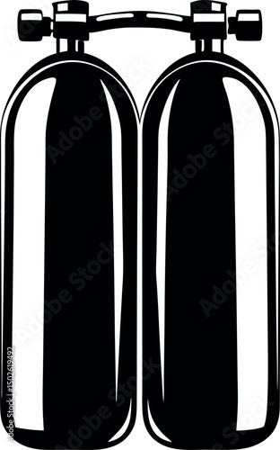A stylized illustration of twin scuba diving cylinders with connecting manifold vector silhouette